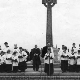 Service at Cenotaph on Terrace Green, occasion not known. Royal Navy personnel in background.