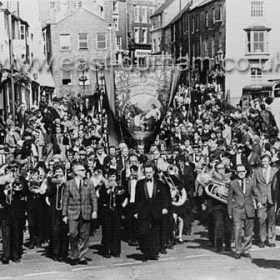 Seaham Lodge Banner entering Durham City at Durham Miners Gala (Durham Big Meeting) in the 1950s.