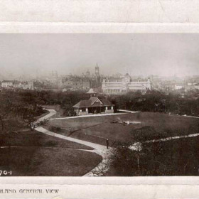 Dated 3rd August 1909
Addressed to-Mrs Jago
154 Bolam Street Byker Newcastle.
(Without salutation)
I will arrive before this
written on North Shields quay.
Cis.
An almost panoramic view of Mowbray Park and the Town centre. In the background can be seen the outline of many buildings and chimneys of various industries on the riverside. The large building on the left and those adjoining it are in Holmeside. Then follows Waterloo Place, South End Sunderland Station, Burdon House, Fawcett St, Winter Gardens, John St, YMCA and other buildings in Borough Road.