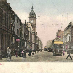 Dated 1st April 1904 Adressed to Miss Reveley Dial House Kirbymoorside Yorks "Thanks for yours". Short and sweet.
Another shot of Fawcett Street. The building on the right was for many years the home of the Gentlemens' Club. Eventually it would become part of Binns departmental store. The open-top tramcar is destined for Christ Church