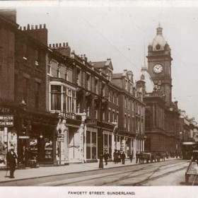 Fawcett Street showing the shop of Webster & Shewan the furriers next to Edward Binns confectioners shop.
Further along the street are the shops of Henry Binns, originally trading in High Street until 1884.
Gradually almost all of the block had been purchased to enable further expansionuntil Binns became the largest department store on Wearside, known for its goods of the highest quality.
The slogan 'Shop at Binns for Everything' was to be seen all over the town and from 1924 onwards could even be seen on the front of all the tramcars.