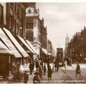 Another undated card depicting Fawcett Street from the south and Mackie's corner. In the right fore-ground is the sunblind for the Maypole grocery shop. On the lefthand corner is the Havelock cinema and opposite is Grimshaw's Elephant Tea House built in terracotta and comprising elephants and pagodas. Probably the 1930s.