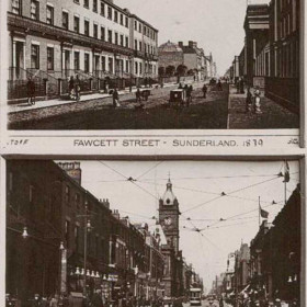 A postcard showing Fawcett Street in 1879, taken from a Flintoff print and a photograph taken in the early part of the 20th century. On the left is where Binns's store would eventually appear and also the Town Hall. On the right is the old Athenaeum building and its eventual demise.