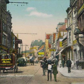 Another view of High Street West looking towards the Exchange building on the right. Blacketts departmental store is on the near left. The van belongs to Jeffreys the butchers who had a shop in Crowtree Road for many years.