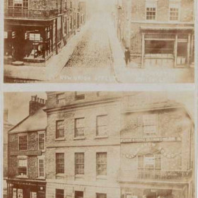 A photograph taken from a Flintoff's print showing
"New Union Street". On the left hand corner is "Hills
-Furnishing, Ironmongery and Marble Show Rooms".
In 1879 these premises would be demolished to make way
for the new Railway Station which occupied the full
length of Union Street. In turn the north end of the
station situated on this site would go to make way for
Littlewood's store in the 1960s.
The premises on the left of New Union Street would
eventually become the site of 'Blacketts'.