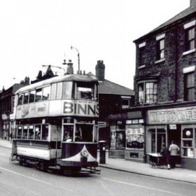 North Bridge Street opposite Monkwearmouth station. The former Presbyterian Church is in the background. It is now occupied by the Hebron Tabernacle Pentecostal Church. The tramcar, No.41, started life in Manchester in 1930 and purchased by Sunderland Corporation in 1947. They were known as 'Pilchers' after their designer. It was withdrawn from service in 1954