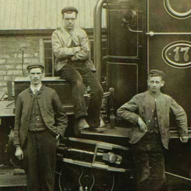 Detail from previous photograph.
I originally dated this photograph as 1873, the year Loco 17 was built as it appears to be new in every respect but I am reminded by Ian Thirlwell that the young man at the left of this crop was born in 1878 which would place the photograph in the late 1890s.

Mary Jane Kennedy, landlady of the Bridge at the time of the photograph first appears there in the 1881 census and leaves sometime between 1902 and 1910.
