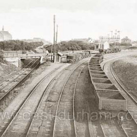 At left is the incline to the dock, removed 1988. The centre tracks lead from Seaham Colliery to the dock staithes, at top right is the Station Hotel and wagon works. Photograph c 1900
