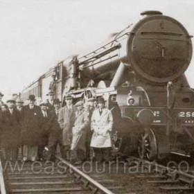 Liverpool to Newcastle excursion train derailed by collision with horse at Seaham Colliery Station. Photograph May 1930.                                
The locomotive, was a LNER 4-6-2 A3 Gresley Pacific called ‘Sir Hugo’ (No. 2582) it was built Dec. 1924.  Rebuilt in Dec. 1941 its record shows that it ended its LNER career with the No. 83 in 1946, following nationalisation (1948) it’s British Railways No. was 60083 and it was disposed of in May 1964 I assume this means it was scrapped as I can’t find any record of it after that date.  The only existing A3 Pacific left is No. 4472 Flying Scotsman. These locos ran on the East Coast Line until 1961 when they were replaced by Diesels. Info from David Farrer