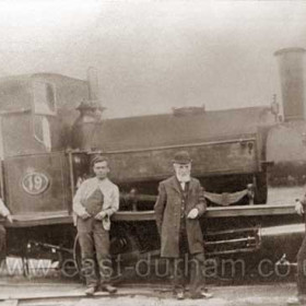 Loco 19 at Seaham, photographed in 1903? with George Reed (foreman) and crew.  Built at Black Hawthorn of Gateshead in 1871 owned by Rainton Colliery, Londonderry Railway then Dock Co. Came to Seaham in 1903.