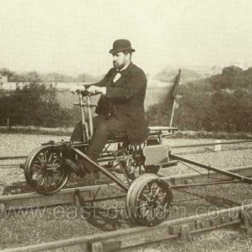 George Hardy using a machine for checking the guage of the railway lines on the Seaham, Sunderland Railway