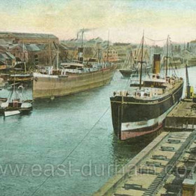 Austin's pontoon before 1906 
A downriver view from the south end of Wearmouth bridge.The two small boats on the left are paddle boats which were very manoeuverable and used as tugs. An amusing story was that being very basic they used sea-water in the boilers and during maintenance the engineer would put a potato in which would float on top if the salt had built up to the degree that a flush out was needed.
Information from Len Charlton.