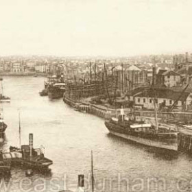 River Wear from the bridge. Taken about 1910 this photo gives a good impression of the shipyards downstream of the bridge. In 1840 there were 76 yards oin the Wear building wooden ships. Changing to iron and steel forced yhards to change to large scale industrial working and by 1914 there were16 large yards on the river. From  the 1960's as shipping requirements changed more and more Wear yards closed, the last closure being in 1988.
Information from Len Charlton.