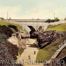 Roker Park c 1910. The land for Roker Park was given to the town by Sir Hedworth Williamson in 1879, the year the horse trams started, on condition that the Corporation would build the stone bridge over the ravine to link Roker (on the right) with his land to the north (on the left) which eventually became Seaburn.    Caption from Malcolm Fraser