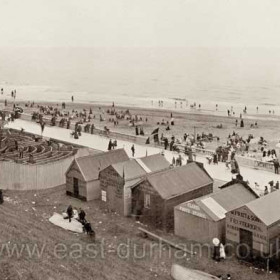 Lower Prom, Roker Sands in 1905. The shops in the foreground are from the right, Mrs Just's Tea Rooms, W Pratt ans Sons Fruiterer, Clark's Photo Studio and P Franciosi Ice Cream.