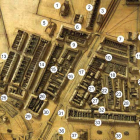 1   St John's Church
2   Marlborough St
3   Vane Hall
4   Gasworks
5   National School
6   Blandford Place
7   Vane Terrace
8   Police Station
9   Adelaide Row
10  Henry St
11 Tempest Place 
12  Cliff House and Rock House
13  Frances St
14 Church St
15 Irish Back Street
16 South Railway St
17 North Railway St
18 Back Henry St
19 Methodist Chapel
20 Braddyll Arms
21 Back North Railway St
22 North John St (John St)
23 William St
24 Reading Rooms
25 South Terrace
26 Cheapside (Green St)
27 (Little) John St
28 William St
29 South Crescent
30 Hunter's Buildings
31 Rutherford's Buildings
32 Back North Terrace
33 North Terrace
34 Infirmary
35 Sebastapol Terrace
36 Engine which drew wagons up      the "Sunniside Incline"
37 Londonderry Offices
38 Terrace Green
39 Bath Terrace