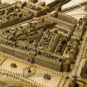 Londonderry Offices in left foreground, North Terrace and the crowded tenements of the early town then Dene House Farm at top right.