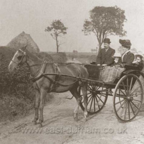 Warden Law to Ryhope road c 1904.
L to R G W Smith, Eleanor constance Smith, Isabella Mawston Smith, Irene Mary Smith. The Smith family lived at Vane House at the eastern end of Cornelia Terrace,  the former headquarters of Seaham Volunteers.