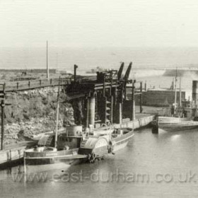 The tug Seaham in foreground Reliant behind. Photograph between 1956 and 1962.
"Seaham" came to the dock new in 1908 and was scrapped in 1962.
"Reliant" arrived in 1956 and left in 1969.