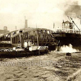 Paddle tug Old Trafford on the Manchester Ship Canal.; Built by Joseph Eltringham of South Shields in 1907; in 1950 she went to the Tyne; was renamed "Reliant" then to Seaham Harbour in 1956