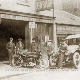 Meek Brothers garage at 9 North Railway Street. Between 1910 and 1914 the brothers opened a cycle shop in Lord St, sometime between 1915 and 1921 they opened this garage and traded there until they sold out to Wm Skillbeck between 1930 and 1933.  Photograph between 1921 and 1929.         Next door at number 8 is James Temple, watchmaker and jeweller, at number 7 is Thomas Mackay, confectioner and at number 6, Snowden's bakery. By 1929 Snowden had demolished nubers 7 and 8 and built Snowden's Assembly Rooms which burnt down in Feb 1938. To the left at number 10 is the Forester's Arms.