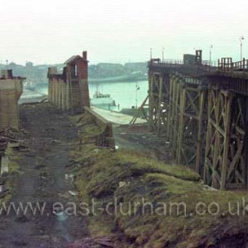 Derelict staithes and railway system at the southern end of the South Dock in 1980.