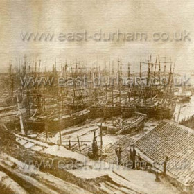 A crowded and dry South Dock. A pencilled note on the back of the original print dates it as 1850.