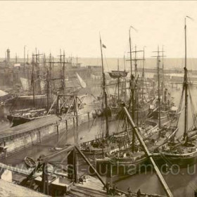 A thriving South Dock, all sail except for paddle tugs. Photograph probably around 1870-80. This the old South Dock could only handle ships up to 1000 tons, after 1905, the new dock could take ships of 5000 tons.