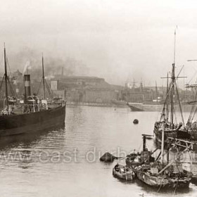 6/11/1905 The Lord Stewart, torpedoed in WW1, sailing ships and the dredger in the new South Dock, not yet finished in 1903. Prior to the dock beeing enlarged and deepened (1899-1905), ships above 1000 tons unable to enter Seaham, traded from Sunderland. The average sailing ship carried about 230 tons and could only manage 10-12 voyages per year, a total of about 2500 tons, a medium sized steam collier could carry 2500 tons in one voyage. The days of sail were numbered.