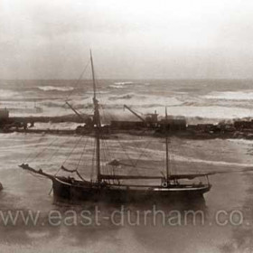 New South Dock east wall damaged by storm on 9/10/03 at about 5pm. The vessels sheltering were the Lord Dufferin and the Sussex Belle barges, niether was damaged but the crews came ashore for the night.