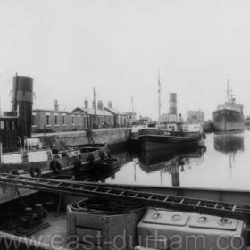 South Dock, Eppleton Hall in foreground, Conservator at left, Reliant just right of centre. Photograph  1965