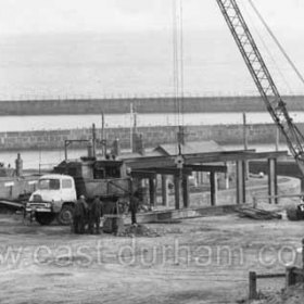 SHDC engineers building road transport gravity loading spout on north sidel of South Dock to cope with increased lime export c1973.
Photograph from Eddie Haggan