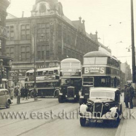 The Havelock Corner, photograph taken from Bridge Street with Fawcett St beyond the junction, High St East to left and HSW to right. 1940s?