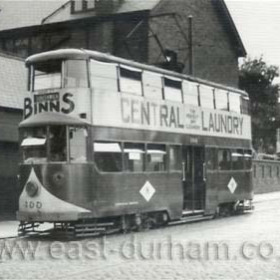 Sunderland Tram No. 100, Vilette Road.
Originally built for London Transport in 1930, this tram was purchased by Sunderland in 1937. Seen here shortly after the war, it still retains its wartime livery, and has had the name "Sunderland" painted out to confuse German spies!. Withdrawn in 1951, this tram has been preserved at the tramway museum at Crich. Photograph by R.R. Clark 28 May 1950.