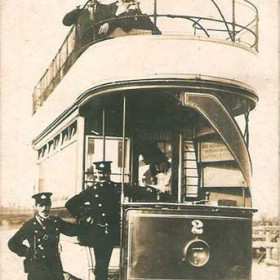 The crew pose for the camera as tram 2 waits at the terminus at Seaside Lane before leaving for Grangetown in 1903. Trams ran to here for fifty years, bringing countless numbers of people down to the beach for the day and taking them home again at tea time in the days before everyone flew off to Majorca.     Caption from Malcolm Fraser.