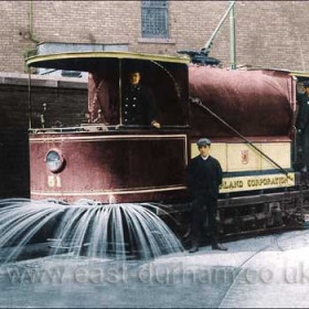 Sunderland Corporation Tramways water car, No.51, in 
the yard of the Wheat Sheaf depot in 1907 after being fitted 
with a larger tank and new sprays. It was used for washing 
the tram tracks (mainly because of all the horse manure on the 
roads in those days). It wasn't needed after motor traffic took 
over from the horses and was scrapped in 1932.
Hand coloured print and caption by Malcolm Fraser.