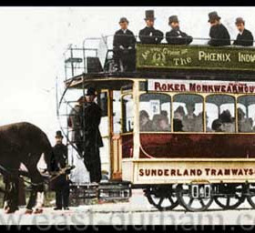 This is the earliest picture of a tram at Sunderland, taken at the south end of Roker Terrace in the summer of 1879. There was only one service at that time, from here to the Royal Hotel in Monkwearmouth at the northern end of Wearmouth bridge. The fare was two pence, too dear for working class folk and so there are no flat caps in this photo. The horse tram system eventually expanded across the town until it was superceded by the electric trams in 1900.
Photograph and caption from Malcolm Fraser