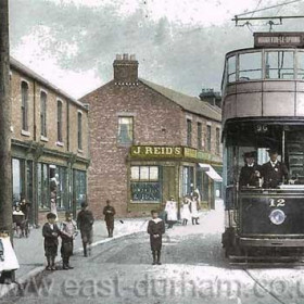 Sunderland District Tramways car 12 on a trial run through New Herrington in June 1905.
Hand coloured photograph and caption, Malcolm Fraser