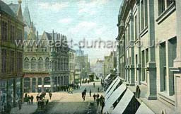 High St Sd 1904
This photo shows the  junction of  High St with Fawcett St (left).   Bridge St is concealed on the right. It was taken just after the whole foreground area in the picture had been completely rebuilt following a major fire in 1898 which started in Havelock House,  then a drapers shop (left). The handpowered pumps held by the police could not cope and the fire spread out of hand  to destroy nearly 50 shops and properties. National ridicule resulted in a belated decision to establish a fire brigade in its own station with steam powered pumps. Havelock House changed again in 1915 when the Havelock Picture House was built.