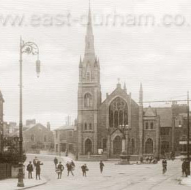 Wesleyan Chapel Durham Road.  The camera is in Albion Place where six busy roads came together. The tram is entering Durham Rd while Thornhill Terrace turns off to the left . Behind the camera are the entrances to Vine Place, Stockton Rd, Mary St and Green Terrace. Green Terrace ran past the new technical college to the old village of Bishopwearmouth  where the "old green" and some cottages still survived. Not surprisingly the whole area including the chapel has now completely disappeared into a major roundabout serving a new ring road (St Michael's Way) which completely changes the western access to the Wear Bridge.
Information from Len Charlton.