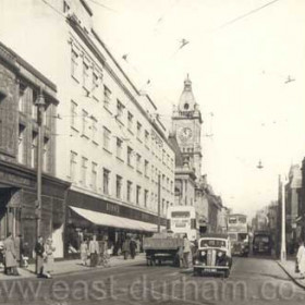 Fawcett Street c1950
This photograph is definitely post 1948 as the old Sunderland Gas Company Office on the left shows Northern Gas Board. Gas was Nationalised in 1948 hence the name board. Note the adjoining new Binns store on the left which opened in 1953 but the East side is still surrounded by hoardings awaiting development.Following a realignment of the points on the corner the "Points Boys"metal hut has gone,this was taken to Hendon Docks for the "Tip Man" when tipping was allowed direct into the sea.(a trip I made many times).
Info from Colin Clifford