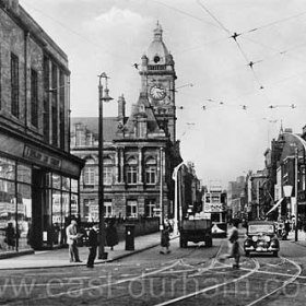 Fawcett Street in the late 1940s.
The Binns Store (missing at left was bombed in April 1941, rebuilding began in November 1949 and the new store was opened in March 1943.