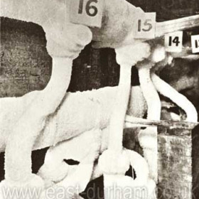 Freezing equipment used in the sinking of Vane Tempest Colliery c1924.
View in the foreshaft, showing ring mains and branch pipe boreholes.