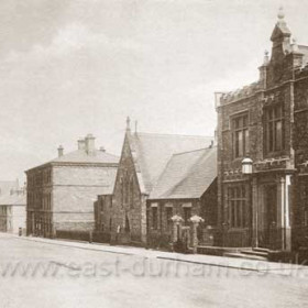 From right, Drill Hall 1888,headquarters of 2nd Durham (Seaham) Volunteer Artillery Brigade, first catholic church  (school  to rear )1869*, police station 1861, Tempest Place,  Wesleyan Chapel **, Londonderry Institute ( not visible ) and finally Rutland House.* Catholic community had formerly worshipped in the Lord Seaham Hotel.** The chapel was originally built by the Independent Methodists c 1860 and taken over by the Wesleyans in 1881