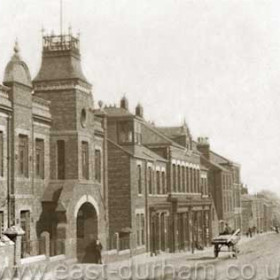 Castlereagh Rd, rear of Drill Hall in foreground (1888), Co-op behind, looking east to North Railway St in the distance c 1905.The drill Hall became Barran's Clothing Factory in 1958 it was mostly destroyed by fire in 1986.