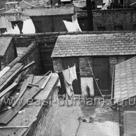 View from upstairs window of Hunters Buildings looking across to rear of NE block of Church Street in 1954.Site of Hunters Buildings is now the Co-op car park.