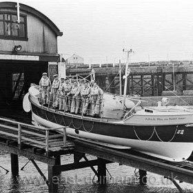 RNLB "Will and Fanny Kirby" 1963 - 1979. She was launched 46 times and saved 66 lives.
This new lifeboat arrived at Seaham on 10/9/1963, was christened by the Marchioness of Londonderry 11 days later and left on the 24th of February 1979 when the Seaham Lifeboat Station was finally closed.