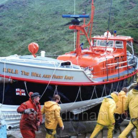 Will & Fanny Kirby on station at Flamborough Head, 1990.
After leaving Seaham she had her hull reinforced at Robson's boatyard on the Tyne to enable her to use the slipway at Flamborough Head.
Photograph from Bob Williams
Photographer not known.