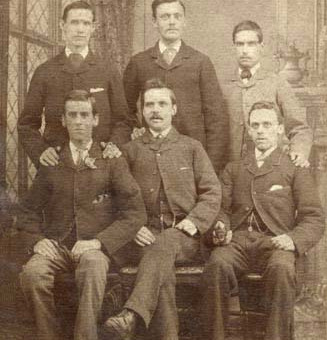 Bottleworks staff in the late 1880s
Back Row
William Reed, Bill Todd, not known
Front Row
not known, Dick Hall, Ted Hall.
W Reed, my great grandfather born 1861, moved to Hetton around 1892 and died  shortly afterwards of typhoid, aged 33. (D Angus)